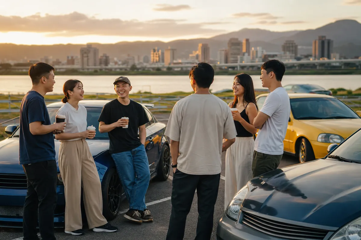 朋友在河濱停車場參加車聚