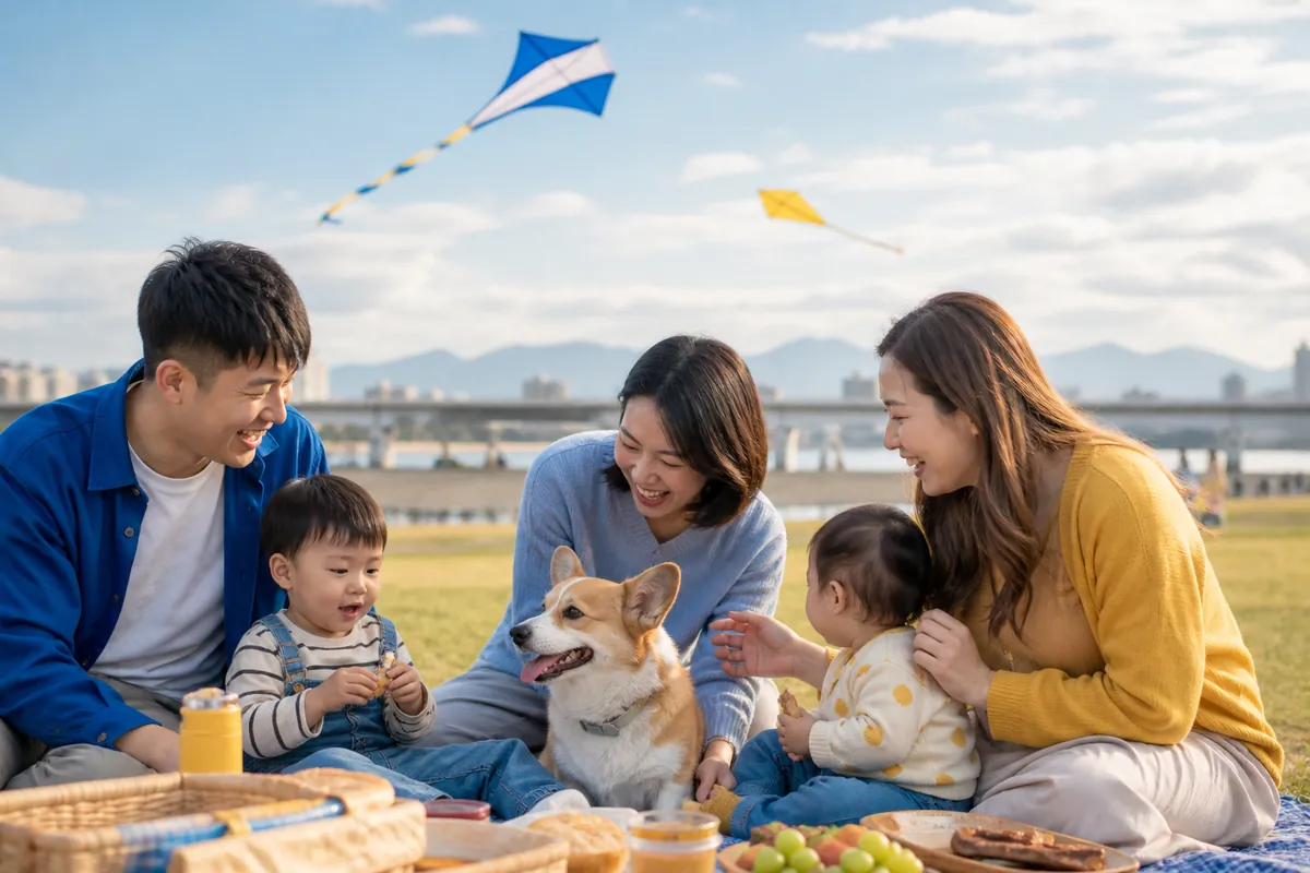 親子家庭和寵物在河濱公園野餐