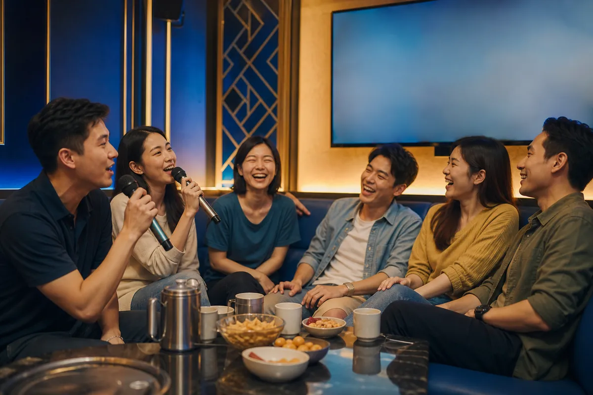 朋友在 KTV 包廂唱歌同樂